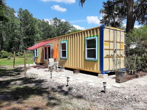 Colorful 40-ft. Container Home in Florida Shipping Container Tiny House, Container Tiny House, Container Homes For Sale, 40ft Container, Tiny House Talk, Double French Doors, Tiny Cabins, Shipping Container House, Container Home