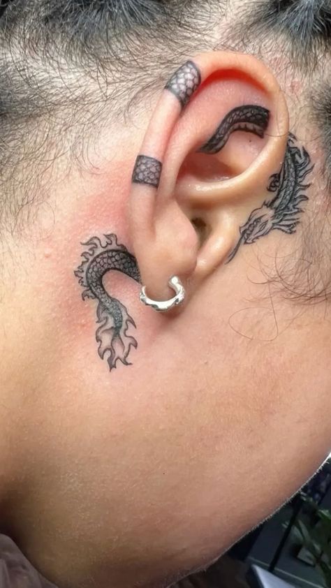 Minimal Tattoo For Neck, Dragon Ear Tattoo For Women, Phoenix Ear Tattoo, Leaves Behind Ear Tattoo, Ear Tattoo Dragon, Dragon Tattoo Behind The Ear, Ear Dragon Tattoo, Under Ear Tattoo Men, Dragon Behind Ear Tattoo