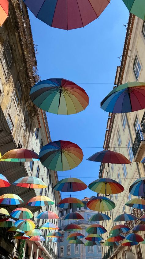 #umbrella #rainbow #pink #street #lisbon #decoration #decor #photography #aesthetic #colorful #details #wallpaper Pink Street Lisbon, Pink Street, Decor Photography, Photography Aesthetic, House Architecture Design, The Ceiling, Lisbon, Aesthetic Wallpaper, Garden Art