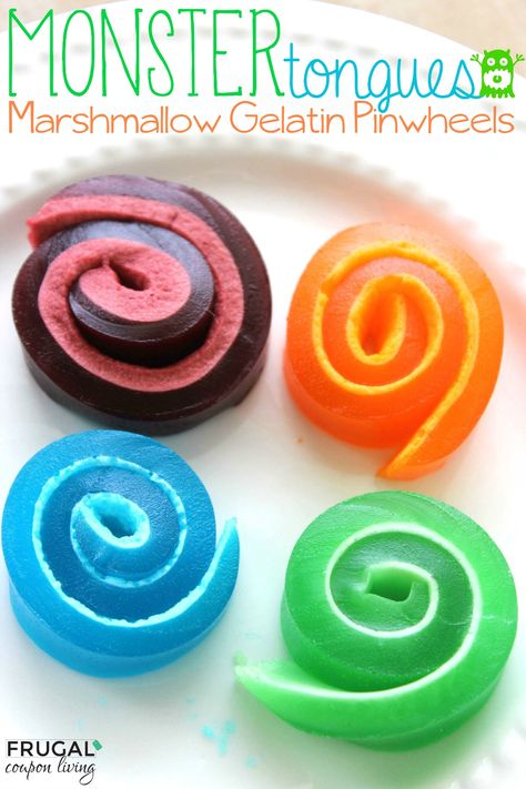 Monster Tongues - Easy Marshmallow JELL-O Pinwheels Recipe on Frugal Coupon Living. Jello Rollups With Marshmallows, Jello Rollups, Jello Pinwheels, Gumdrop Recipe, Baby Treats, Kids Food Crafts, Pinwheels Recipe, Farm Recipes, Chefs Recipes