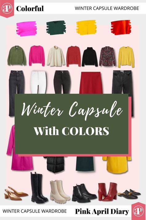 Jewel Tone Color Palette Wardrobe, Winter Color Capsule Wardrobe, Capsule Wardrobe For Winter Coloring, Fall Outfits For Winter Palette, Colourful Winter Capsule Wardrobe, Winter Color Outfit Ideas, Winter Outfits Bright Colors, Colorful Winter Capsule Wardrobe, Capsule Wardrobe Bright Winter