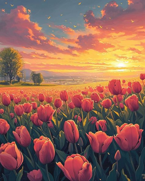 Flowers Scenery Painting, Flower Field Digital Art, Sunset Flower Field Painting, Field Of Flowers Drawing, Flower Field Illustration, Tulips Landscape, Tulip Flower Painting, Field Of Flowers Painting, Tulips Illustration