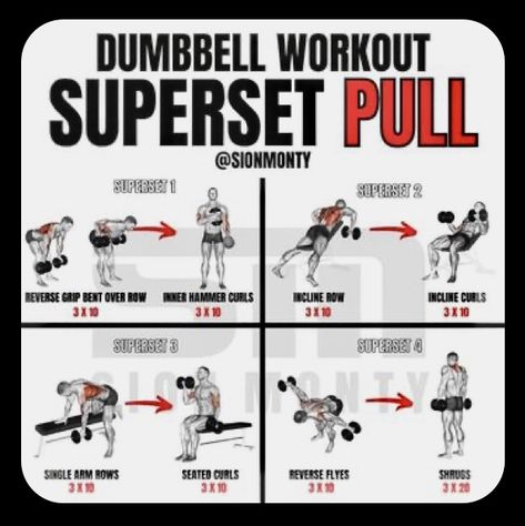 Push Pull Workout Routine, Super Set Workouts, Dumbbell Workout Plan, Push Day Workout, Push Pull Workout, Pull Day Workout, Pull Day, Dumbbell Workout At Home, Workout Gym Routine