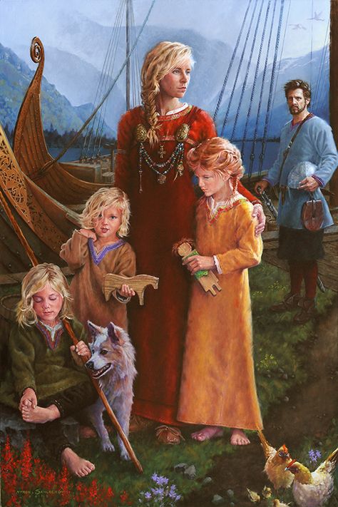 Finished 4' x 6' Viking Family Portrait painting by Myron Sahlberg, now in the permanent collection of the Runestone Museum, Alexandria, Minnesota, USA. Title: THE LAST FAREWELL? Runestone Art, Viking Family, Casa Viking, Alexandria Minnesota, Family Tattoo Ideas, Scandinavian History, Inside Art, Historical Illustration, Norse Myth