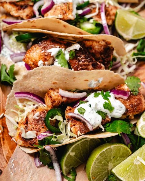 Blackened Snapper Tacos with Cilantro Lime Sauce Snapper Tacos Fish Recipes, Yellowtail Fish Tacos, Red Snapper Tacos Recipe, Yellow Snapper Recipe Fish, Yellowtail Fish Recipes, Snapper Veracruz Recipe, Snapper Fish Tacos, Red Snapper Tacos, Yellowtail Snapper Recipe