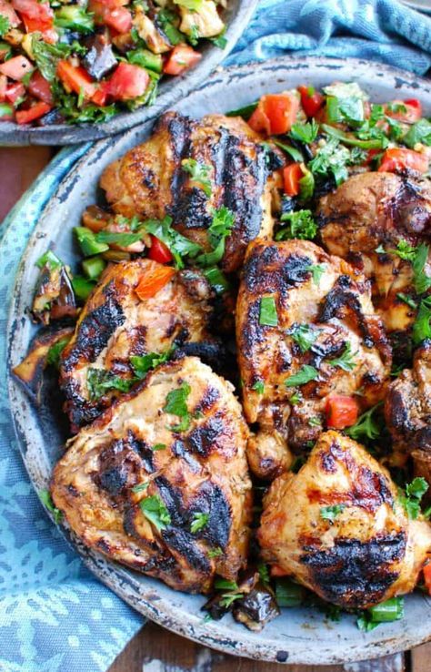 Shish Taouk Chicken Thighs with Garlic Yogurt Sauce Shish Taouk Chicken, Mediterranean Eggplant, Shish Tawook, Shish Taouk, Eggplant Salad, Lebanese Food, Chicken Kebabs, Best Chicken Recipes, Gluten Free Recipes Easy