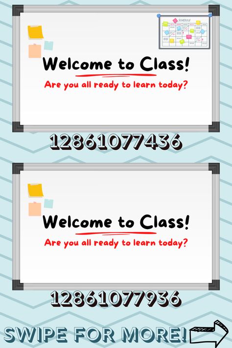 If you do not feel like always having to change the board, here is a general class whiteboard decal for your bloxburg classes :) Feel free to check out the other school related decals I made in my profile! #roblox #bloxburg #bloxburgdecals #robloxdecals #bloxburgschool #bloxburgschooldecals #robloxschooldecals Bloxburg Timetable Decals, Bloxburg School Board Decal Codes, Bloxburg Homework Decals, Cooking Class Decals Bloxburg, Bloxburg School Room Decals, Aesthetic School Bloxburg, Bloxburg School Decal Codes Music, Bloxburg School Locker Decal Codes, Bloxburg Drama Class Decals