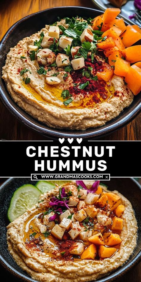 Try something different with this Chestnut Hummus! Smooth, rich, and lightly sweet, it’s the perfect dip for crackers, veggies, or pita bread, adding a deliciously unique flavor to any snack time or party platter. Chestnut Hummus, Hummus Tray, Dip For Crackers, Loaded Hummus, Hummus Platter, Cracker Dip, Hummus Dip, Party Platter, Roasted Chestnuts