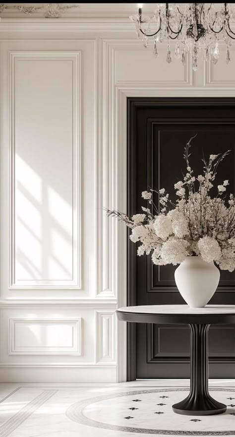 Parisian Style Wall Panelling, Modern Classic Interior Design, Classical Interior Design, Cozy Baby Room, Tiny House Bedroom, Modern Classic Interior, Classical Interior, Neoclassical Interior, Black And White Interior