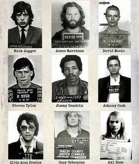 Mugshots of different rockstars c. 1950 onwards - 9GAG Celebrity Mugshots, Rock N Roll Art, Rock Band Posters, Rock And Roll Bands, Steven Tyler, Rock N’roll, Rock Posters, Ozzy Osbourne, Jim Morrison