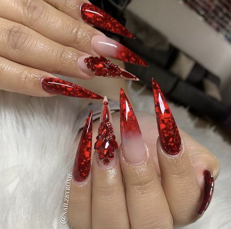 Red Glitter Nail Designs, Stiletto Red Nails, Crazy Acrylic Nails, Nail Art Designs Valentines, Nail Art Designs Valentines Day, Nail Designs For Beginners, Glitter Nail Designs, Red Stiletto Nails, Easy Nail Designs