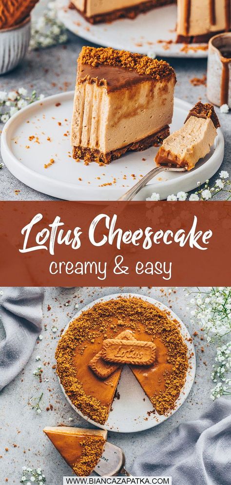 This easy vegan no-bake Lotus Biscoff Cheesecake recipe is super creamy, totally delicious and easy to make with speculoos cream, caramel cookies and 3 other simple pantry ingredients! The perfect cake for every occasion! Vegan Biscoff Cheesecake, Vegan Biscoff Cheesecake Recipe, Biscoff Crust Cheesecake, Healthy Biscoff Cheesecake, Lotus Biscoff Cheesecake Recipe, Cheesecake With Biscoff Crust, Lotus Biscoff Cheesecake, Lotus Cheesecake, Biscoff Cake