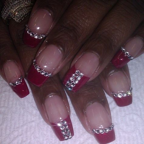 Red Nails With Bling Rhinestones, Red And Diamond Nails, Red Nails Rhinestones, Red Nails With Stones, Red Bling Nails Rhinestones, Red Nails With Diamonds, Christmas Nails With Rhinestones, Christmas Bling Nails, Red Nails With Gems