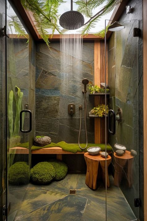 Rustic shower with stone walls and greenery. Outdoor Shower Aesthetic, Rustic Shower, Luxurious Showers, Natural Aesthetic, Rustic Retreat, Stone Walls, Bathroom Spa, Rustic Outdoor, Minimalist Bathroom