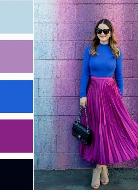 Magenta Color Combinations Outfit, Magenta Skirt Outfit, Magenta Outfit Color Combos, Fuchsia Color Combination, Fashion Color Combos, Outfit Color Combinations, Magenta Skirt, Combination Dresses, Colour Combinations Fashion