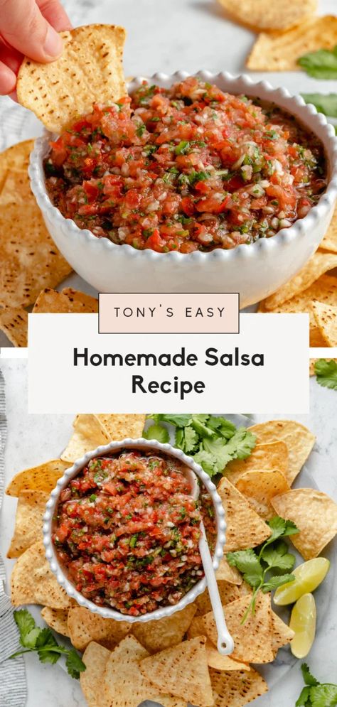 Tony's ridiculously easy homemade salsa recipe using fresh tomatoes with a kick of heat from jalapeño. This homemade salsa is bursting with flavor and comes together right in your blender or food processor! Make it chunky or smooth and serve it with chips, on nachos, in burritos and more. #salsa #vegan #vegetarian #healthyappetizer #healthysnack Fresh Salsa Recipe Homemade, Easy Homemade Salsa Recipe, Using Fresh Tomatoes, Best Salsa Recipe, Tailgate Ideas, Easy Homemade Salsa, Fresh Salsa Recipe, Easy Salsa Recipe, Fresh Tomato Recipes