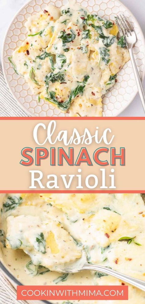 This Classic Spinach Ravioli is both creamy and delicious. You’ll love the homemade alfredo-style sauce mixed with spinach and cheese ravioli that make a more grown-up version of a favorite classic pasta dish. The best part? This recipe makes for easy cleanup because it all cooks up in one skillet! Chicken Stuffed Ravioli, Creamy Spinach Ravioli, Spinach And Cheese Stuffed Ravioli, Stuff Ravioli Recipes, Spinach Cheese Ravioli Sauce, Cheese Spinach Ravioli, Spinach Feta Ravioli, Cheese Ravioli Alfredo, Chicken Spinach Ravioli Recipe