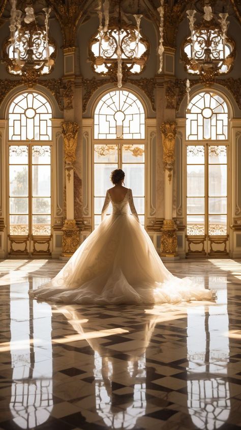 The silhouette of a woman in a princess gown is outlined by the golden sunlight filtering through palace windows. Golden Princess Aesthetic, Golden Queen Aesthetic, Yellow Gown Aesthetic, Running In A Ballgown, Sun Princess Aesthetic, Ballgown Aesthetic, Ball Gown Aesthetic, Jade Core, Gown Aesthetic