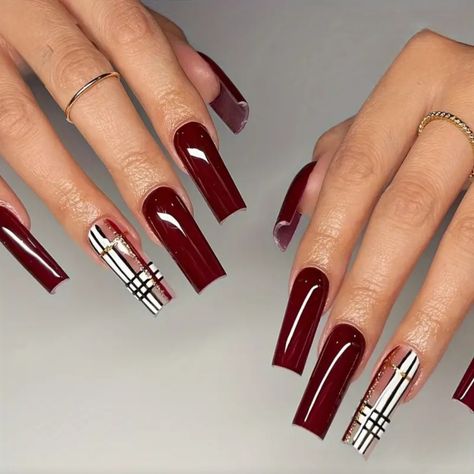 Luxe Press On Nail Kit In Deep Red And Nova Check Burgundy Nail Designs, Cute Christmas Nails, Christmas Nails Easy, Classy Acrylic Nails, Burgundy Nails, Nail Swag, Christmas Nail Designs, Fall Nail Designs, Long Acrylic Nails