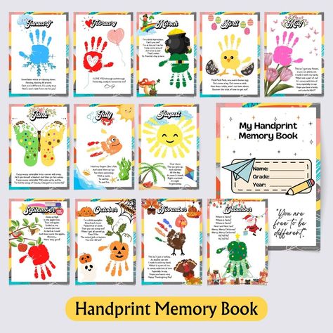 Handprint Memory Book for PreK, Preschool, Kindergarten, 1st Grade, Memory Book Handprint Art, Printable, Monthly, Keepsake Art Handprint Memory Book, Footprint Crafts, Alphabet Activities Preschool, Handmade Card Making, Footprint Art, Handprint Art, Summer Activities For Kids, Alphabet Activities, Preschool Kindergarten