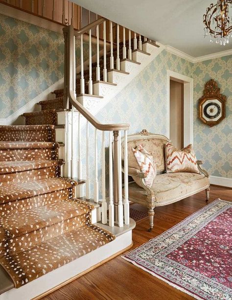 stark-antelope-carpet-rug-stair-runner-staircase-persian-rug-entryway-foyer-french-settee-crystal-chandelier - The Glam Pad Fawn Stair Runner, Bold Stair Runner, Traditional Stair Runner, Antelope Stair Runner, Painted Stairway, Antelope Carpet, Staircase Runners, Staircase Carpet Runner, Foyer With Stairs