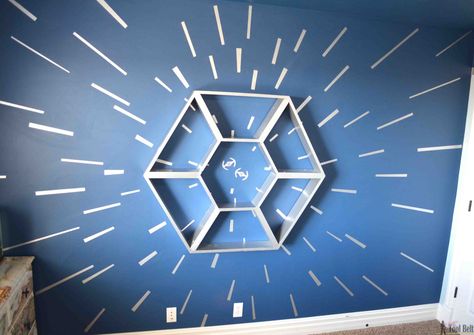 Star Wars bedroom hyperspace mural painted with Modern Masters Metallic Paint | Project by Her Toolbelt Hyperspace Wall, Star Wars Shelf, Star Wars Zimmer, Star Wars Kids Room, Decoracion Star Wars, Diy Star Wars, Star Wars Bedroom, Star Wars Nursery, Diy Star