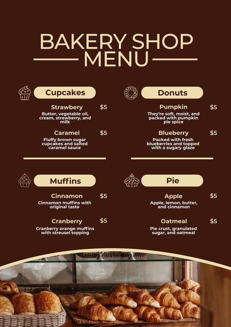 Bakery shop food menu template, editable with canva Small Pastry Shop Design, Pastry Shop Menu Ideas, Online Bakery Menu Ideas, Bakery Template Design, Small Bakery Menu Ideas, Pastry Menu Design Ideas, Menu Bakery Design, Bakery Shop Design Modern, Bakery Shop Ideas