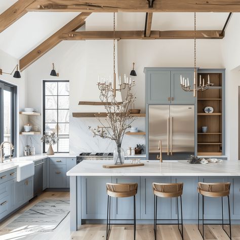 Charming Modern Soft Blue Farmhouse [Kitchen Concept] Light Blue Kitchen Ideas, Blue Farmhouse Kitchen, Couch Wall Decor Ideas, Coastal Farmhouse Living Room, Blue Cabinetry, Farmhouse Color Scheme, Kitchen Color Palettes, Kitchen Concept, Light Blue Kitchens