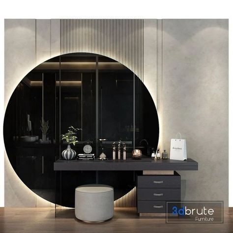 Dressing Table With Round Mirror, Dressing Table Mirrors, Make Up Table Design, Unique Dressing Table Design, Round Mirror Dressing Table, Dressing Table Ideas Bedroom Modern, Makeup Table Design, Dressing Table Ideas Bedroom, Contemporary Dressing Tables