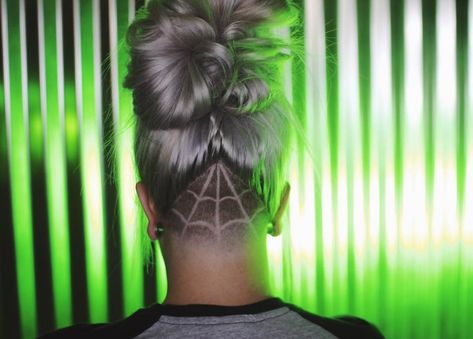 Spider Web Undercut, Christmas Undercut Designs, Halloween Undercut Designs, Spider Web Haircut, Halloween Undercut, Undercut Ideas, Undercut Design, Undercut Hair Designs, Shaved Designs