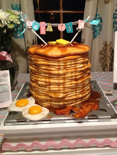 Cake That Looks Like Pancakes, Breakfast And Pjs Birthday Party, Pajamas Party Ideas, Pancake Birthday Cake, Pancake Birthday, Pjs Party, Fun Pajamas, Birthday Pancakes, Birthday Breakfast Party