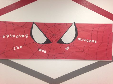 Bulletin board with student success. Spider-Man themed web. Spider Man Bulletin Board Ideas, Math Posters Middle School, Spirit Posters, College Advisor, School Spirit Posters, Ra Themes, Middle School Survival, Ra Boards, Ra Bulletin Boards