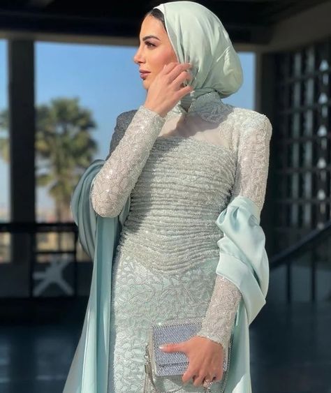 Modest Engagement Dress Hijab, Engagement Hijabi Dresses, Blue Soiree Dress, Hijabi Engagement Dress, Engagement Dress Hijab, Modest Long Sleeve Wedding Dresses, Event Dresses Classy, Hijab Soiree, Hijab Beauty