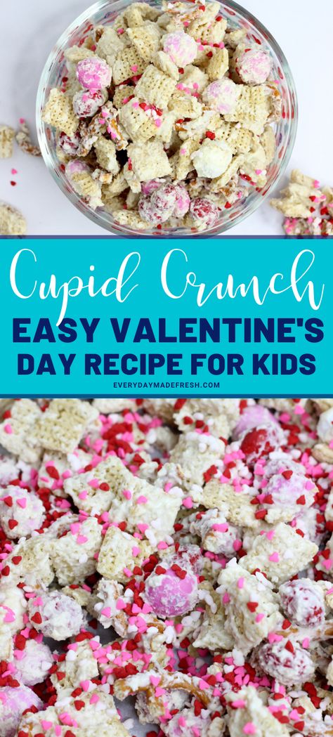 Cupid Crunch is an easy Valentine's Day recipe. Sweet and salty, this white chocolate coated Valentine's Day recipe for kids is fun to eat and easy to make. Cupid Crunch, Valentines Recipes, Holiday Recipies, Healthy Valentines, Cereal Snacks, Recipe For Kids, Candy Treats, Fun Baking, Recipe Sweet