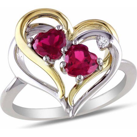 1-1/6 Carat T.G.W. Created Ruby and Diamond-Accent Two-Tone Sterling Silver Double Heart Ring, Women's, Size: 9 Ruby Heart Ring, Double Heart Ring, Ruby Heart, Silver Lab, Diamond Accent Ring, Diamond Fashion Rings, Amazing Fashion, Double Heart, Fashion Ring