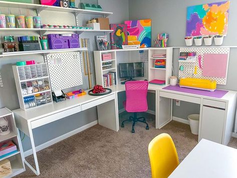 Computer And Craft Desk, Craft Room Den Combo, Craft Table In Living Room, Small Sublimation Craft Rooms, Multi Purpose Craft Room Ideas, Sewing Room Bedroom Combo, Study Craft Room, Corner Craft Area, Sublimation Room Setup