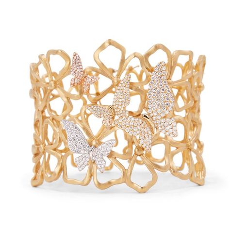 Cuff bracelet featuring 2.70 carats of white diamond butterflies each set in18KT yellow gold, rose gold and white gold over flowers in 18KT yellow gold. #gold #christmasshopping #holidayshopping #butterflynecklace #finejewelry Butterfly Cuff, Precious Rings, Arm Jewelry, Pearl Bangle, Diamond Bangles Bracelet, Butterfly Bracelet, Butterfly Jewelry, Jewelry Images, Rose Gold Bracelet