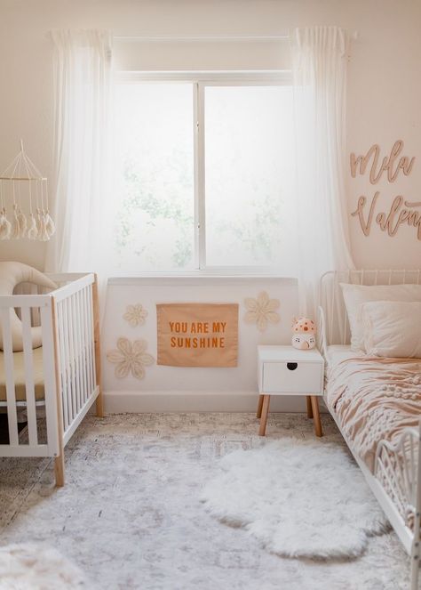 Toddler And Baby Shared Room, Shared Toddler Room, Kids Shared Bedroom Ideas, Sisters Shared Room, Baby And Toddler Shared Room, Sibling Bedroom, Shared Bedroom Ideas, Toddler And Baby Room, Sibling Room