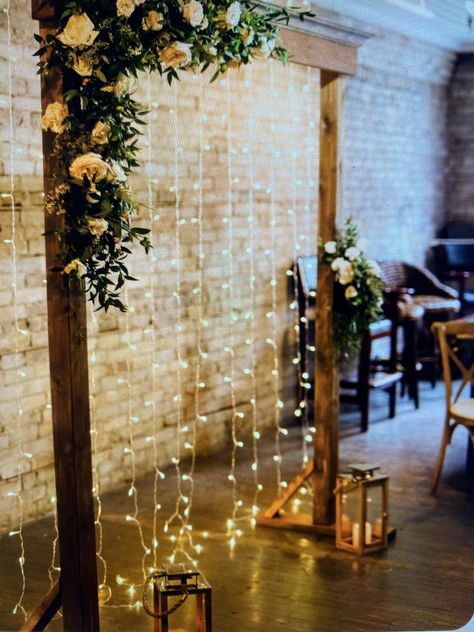 Formal Backdrop Ideas, Fairy Lights With Greenery, Wall Of Lights Backdrop, Wood Frame Wedding Backdrop, Wedding Arch With Fairy Lights, Twinkle Light Photo Backdrop, Fairy Light Wedding Arch, Wooden Backdrops For Wedding, Wedding Arch Fairy Lights