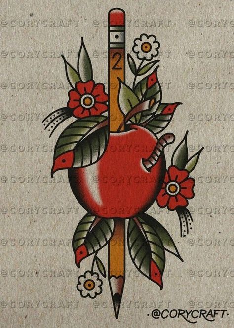 Teaching Tattoos, Teacher Tattoos, Traditional Tattoo Drawings, Pencil Tattoo, Apple Tattoo, Traditional Tattoo Old School, Tattooed Teacher, Fruit Tattoo, Traditional Tattoo Inspiration