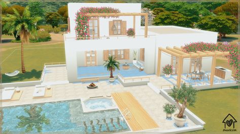 Sul sul everyone! This modern greek house is perfect for a small family. It features 2 bedrooms, 2 bathrooms and a livingroom with open kitchen and dining area. There is also a swimmingpool, bbq area and lounging areas. I hope you and your sims enjoy it! ♥ Sims 4 Bbq Area, Modern Greek House, Open Kitchen And Dining, House Sims 4, Small Bbq, Kitchen And Dining Area, Greek House, Sims Building, Bbq Area