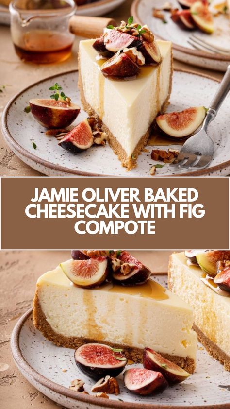 Jamie Oliver’s Baked Cheesecake With Fig Compote features ingredients like olive oil, icing sugar, cream cheese, vanilla bean paste, eggs, plain flour, light brown sugar, Marsala wine, vanilla bean, figs, and clementines. It takes 275 minutes to make and serves 12. Jamie Oliver Cheesecake, Fig Cheesecake Recipe, Figs Dessert, Fig And Feta, Fig Desserts, Fig Cakes, Fig Recipes Dessert, Jamie Oliver 5 Ingredients, Fig Dessert