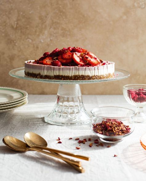 ROASTED-STRAWBERRY & ROSE VEGAN ‘CHEESECAKE’ Rosewater Cheesecake, Vegan New York Cheesecake, Strawberry Cheesecake Photography, Vegan Cheesecake Recipe Cashew, Raw Vegan Strawberry Cheesecake, New Zealand Food, Strawberry Roses, Dried Berries, Roasted Cherry