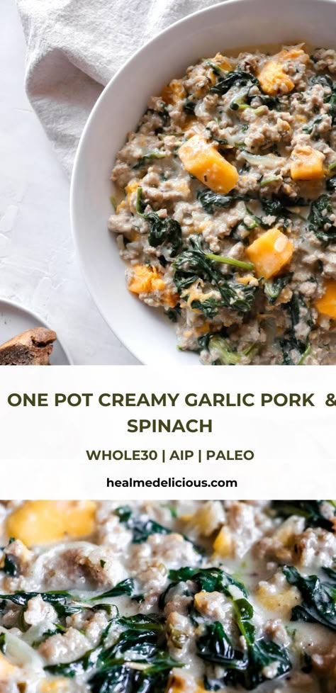 Aip Ground Pork Recipes, Whole 30 Spinach Recipes, Whole 30 One Pot, Ground Pork And Spinach Recipes, Aip Spinach Recipes, Pork And Spinach Recipes, Whole 30 Ground Pork Recipes, Quick Aip Dinner, Aip Pork Loin Recipes