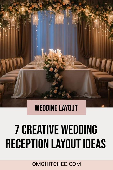 Planning a wedding reception and looking to make it special? Check out these 7 creative wedding reception set up ideas! You can wow your guests with elegant banquet tables filled with beautiful floral centerpieces and enchanting candlelight! Transform your venue with stunning decorations like fairy lights and flowing fabrics. These ideas will create an inviting atmosphere where everyone has a blast! From unique seating arrangements to charming themes, they will make your wedding day truly unforgettable! Don't forget to save this for later! Chinese Lanterns Wedding Reception, Wedding Reception Set Up Layout, Wedding Reception Tables Layout For 100, Wedding Reception Set Up Ideas, Reception Set Up Ideas, Wedding Table Set Up Layout, Wedding Table Arrangements Layout, Wedding Reception Ideas Indoor Elegant, Fairy Lights Wedding Reception