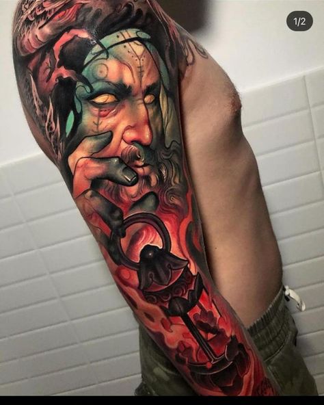 Neotrad Tattoos, Traditional Tattoo Arm, Traditional Japanese Tattoo Sleeve, Surrealism Tattoos, Wizard Tattoo, Vampire Tattoo, Neo Tattoo, Black Sketch, Traditional Drawing