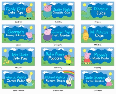 Peppa Pig food labels (for a boy) Peppa Pig Food Labels Free Printable, Peppa Pig Birthday Printables Free, Peppa Pig Party Printables, Peppa Pig Birthday Food Ideas, Peppa Pig Snack Ideas, Peppa Party Food, Peppa Pig Fourth Birthday, Diy Peppa Pig Birthday Party, Peppa Pig Themed Food