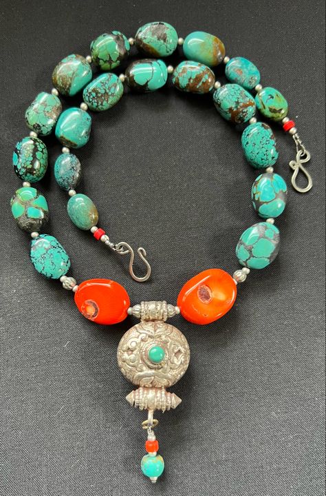 Teal Jewelry, Moroccan Tea, Artisan Jewelry Necklaces, Tibetan Jewelry, Prayer Box, Coral Gemstone, Orange Coral, Chunky Jewelry, Orange And Turquoise