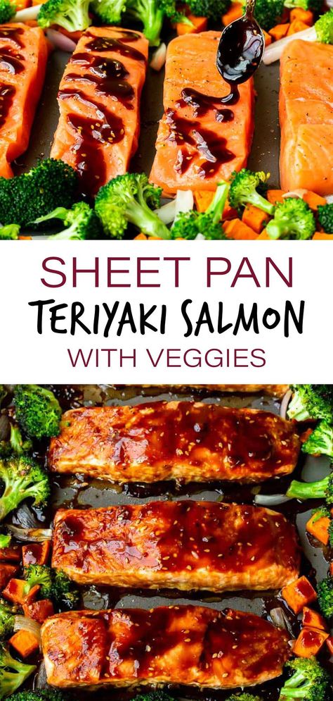 Salmon And Vegetables, Salmon And Veggies, Nutrition Challenge, Sheet Pan Salmon, Salmon Teriyaki Recipe, Sheet Pan Dinners Recipes, Best Seafood Recipes, Teriyaki Salmon, Easy Dinner Recipe