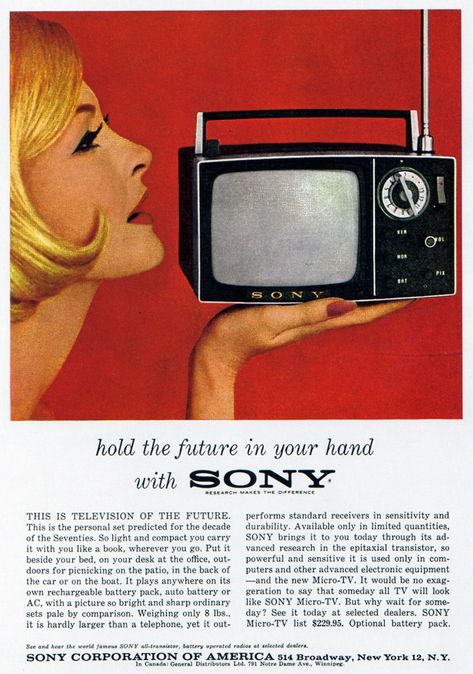 As Sony's TV Business Crumbles, a Look Back at Its Most Iconic Sets | WIRED 60s Magazine, 1960s Advertising, Layout Print, Vintage Editorials, Mini Tv, Electronic Gadgets, Old Advertisements, Retro Advertising, Retro Ads